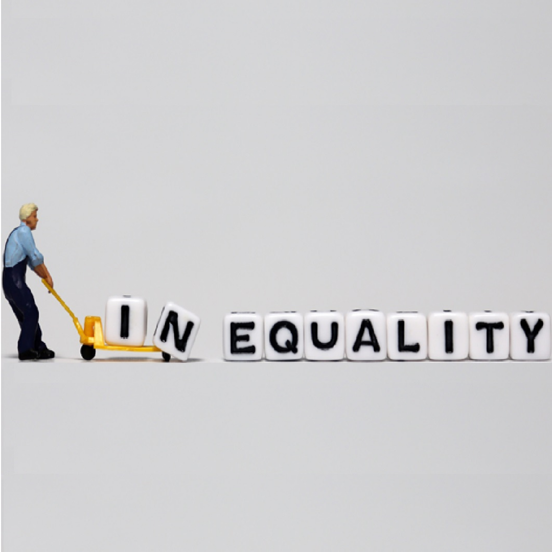 Man pulling the word inequality, March AJ issue by Kunle Barker about procurement challenges faced by architects
